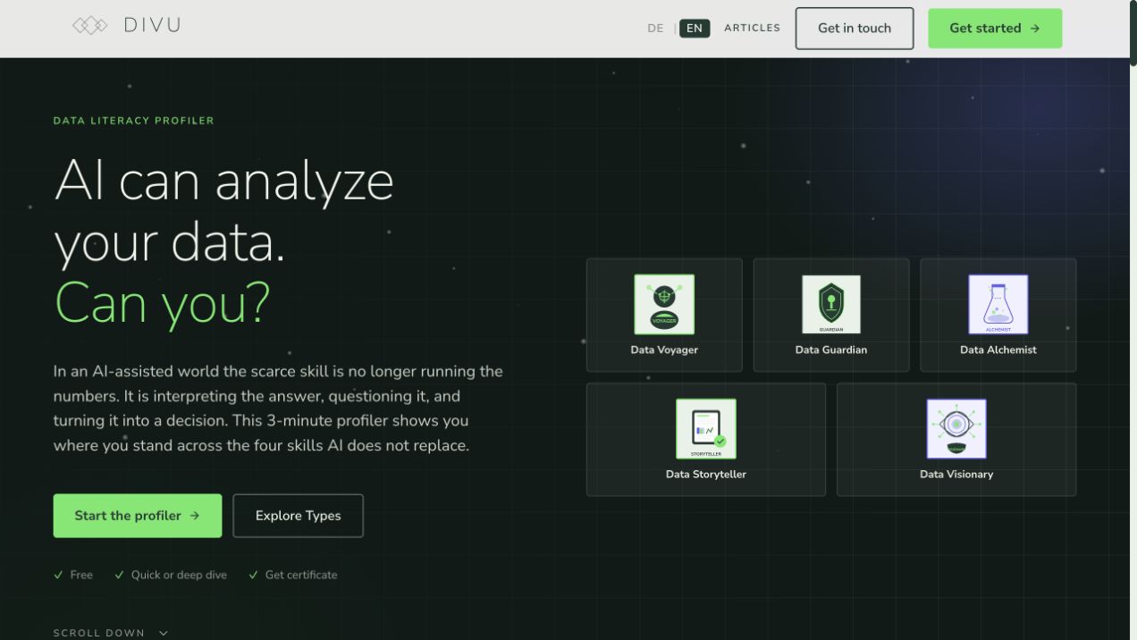 English welcome screen of the Data Literacy Profiler MVP